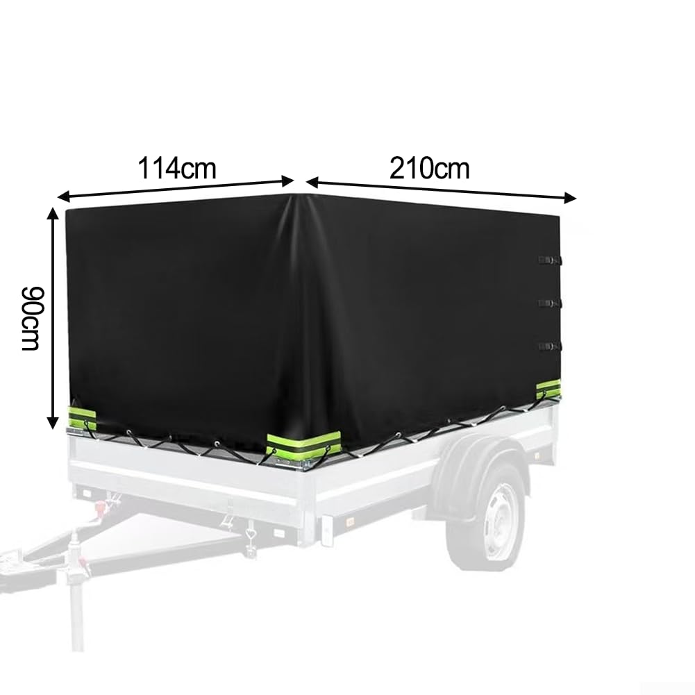 Anhänger-Abdeckung, 210 x 114 x 90 cm, Mehrzweck-Anhängerplane, wasserdicht, winddicht, UV-beständig, strapazierfähiges 420D-Oxford-Gewebe, sichere Passform für die Aufbewahrung im Freien (schwarz)
