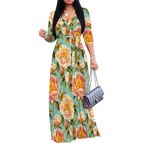 Image of Plus Size Maxi Dress for Women V Neck 3 /4 Sleeve Wrap Dresses