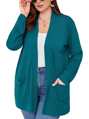 Image of AusLook Plus Size Lightweight Cardigans for Women Open Front Pockets Jacket | 1X-5X,Soft Stretch,Long Sleeve,Longline Coverage,Dress Jeans Layer,Work Travel Style,Spring Fall Wear