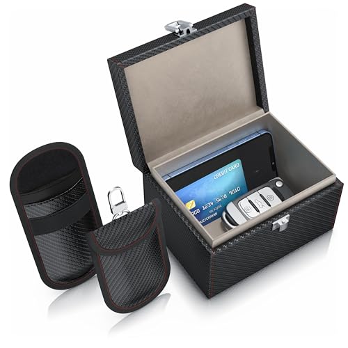 CSL - Keyless Go Schutz Box - NFC RFID Faraday Box, Abschirmung Blocking Autoschlüssel, inkl. 2X Schlüsselstaschen Hüllen - Safe Box gegen Cyber Kriminalität und Hackerangriffen