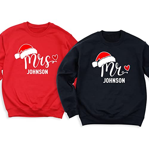 MONIART Personalized Couple Christmas Sweatshirts and Hoodies, Custom Mr and Mrs Matching Holiday Outfits, Festive Couples Christmas Apparel2
