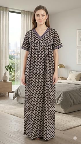 Image of Evolove Cotton Nighty Maxi for Women with Side Pocket | Floral Print Round Neck Short Sleeves Full Length Night Wear Gown