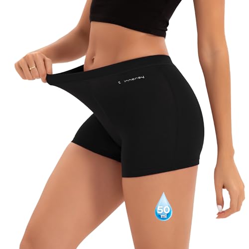 INNERSY Womens Heavy Flow Period Boyshorts Underwear High Waisted Menstrual Panties Hold 4 Tampons(Medium Solid Black)