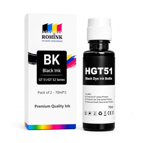 Image of ROHINK GT51 GT52 Ink Refill Dye Ink Compatible with HP Ink Tank 115, 310, 315, 319, 410, 415, 416, 419, 455, 500, 515, 530, 615, GT 5810, GT 5811, GT 5820 (HP HGT 51 Black Pack 1)