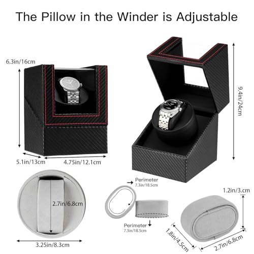 Image of Automatic Single Watch Winder with Quiet Japanese Motor,AC Adapter or Battery Powered,Premium Leather Exterior and Soft Flexible Watch Pillows for Men's and Women's Watches