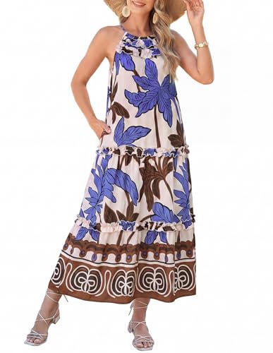 Image of GRACE KARIN 2026 Women's Floral Halter Maxi Dress Boho Summer Beach Sundress with Tiered Ruffle Skirt