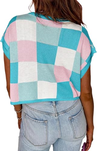 IRISGOD Womens Cap Sleeve Knit Tops Summer Short Sleeve Sweater Vest Color Block Crop T-Shirts2