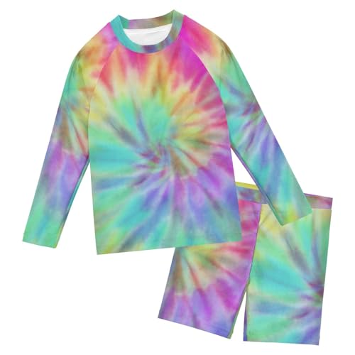 Aflyko Kids' Bathing Suit Set Tie Dye Shibori Rainbow Long Sleeve Swim Tops with Shorts Summer Vacation Pool Party Rashguard Fun Cute Infant Beachwear, 4T