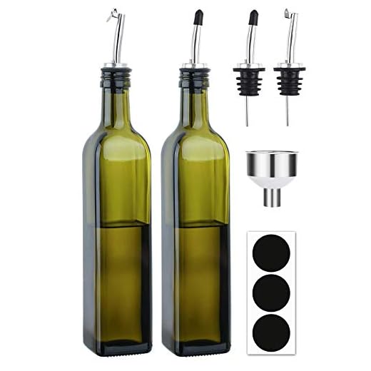 [2 PACK]Aozita 8 oz Glass Olive Oil Dispenser Bottle Set - 250ml Dark Green Oil & Vinegar Cruet Bottle with Pourers, Funnel and Labels - Olive Oil Carafe Decanter for Kitchen