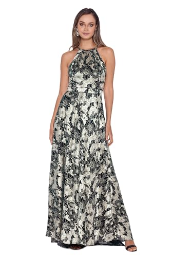 Image of Betsy & Adam Women's Long Sleeveless Halter Metallic Print Wrap Overlay Gown, Green /Gold, 14