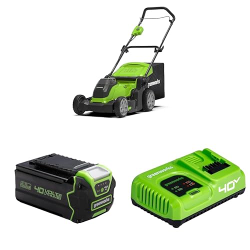 Greenworks 40V Kabelloser Akku Rasenmäher für Flächen bis zu 500 m², 41cm Schnittbreite G40LM41, 3 Jahre Garantie mit 40V 4Ah Akku & 40V 5A Schnellladegerät
