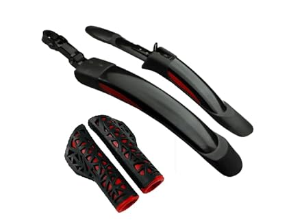 Shrenik Bicycle Mudguard || Handle Grip Compatible 26, 27.5, 29 Inch Cycle Flying Fender Reflective Tape Front Back Set || Handlebar Grip Soft Rubber Non Toxic 12.5cm || Color Black-Red