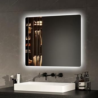 Foto di EMKE Specchio bagno con luce 50x60cm, specchio retroilluminato bagno con interruttore a pulsante+antiappannamento+funzione di memoria,specchio bagno led con luce bianca fredda e calda