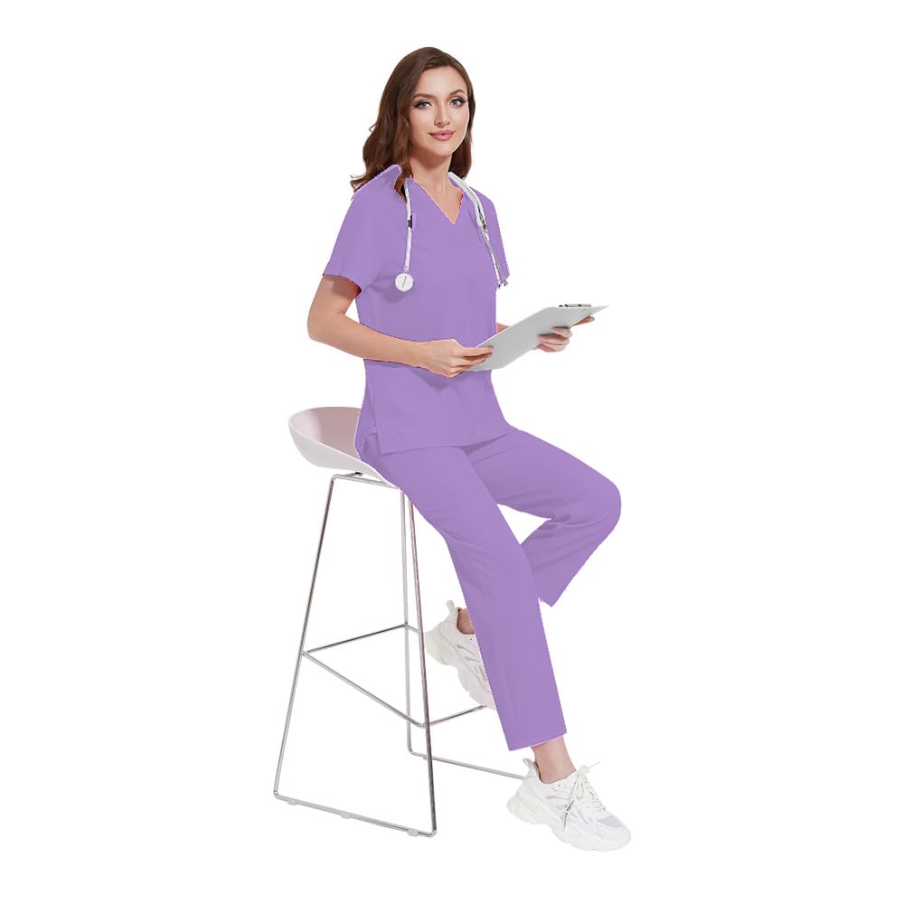 DK77 – Uniforme médical pour femme avec col en V, manches courtes, pantalon droit, 8 poches, cordon de serrage extensible, évacuation de l'humidité