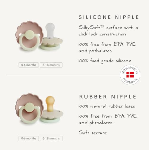 Image of FRIGG Daisy SilkySoft Silicone Baby Pacifier | Made in Denmark | BPA-Free (Croissant /Portobello, 0-6 Months)