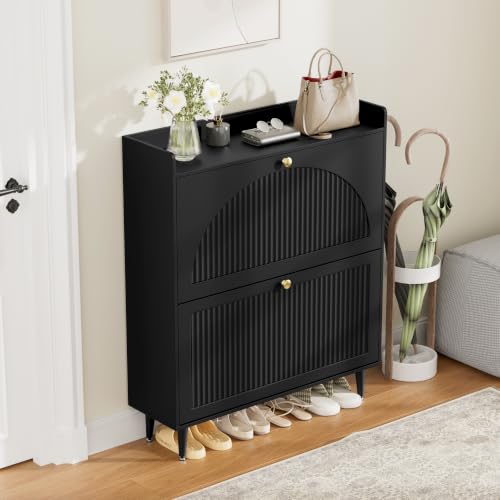 Image of Shoe Storage Cabinet with 2 Flip Drawers, Shoe Organizer Storage