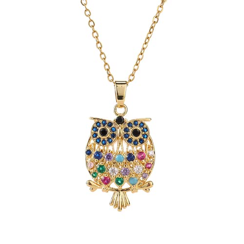 Sonateomber Gold Colorful Gemstone Owl Pendant Necklaces for Women - Classy Cute CZ Cubic Zirconia R