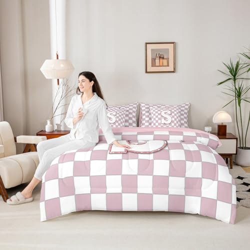 Image of Erosebridal Pink Initial S King Bedding Set 7 Piece Kawaii Plaid Checkered Bed in A Bag with Sheets Cute Personalized Monogram Comforter Set for Kids Girls Teen Women,Fashion Grids Gingham Bed Sets