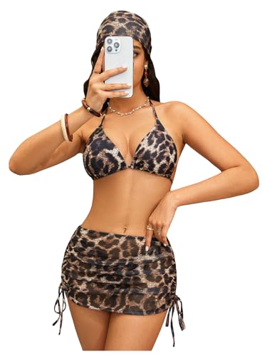 Image of RoseSeek Women's 4 Piece Polka Dots Bathing Suits Cover Up Skirt & Bandana | Halter Bikini Sets, Sexy Bathing Suit, Beach Skirt, Leopard, Paisley, Tropical, Summer