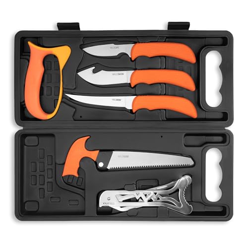 OUTDOOR EDGE WildPak, 8-Piece Field to Freezer Hunting & Game Processing Knife Set with Caping Knife, Gut-Hook Skinner, Boning/Fillet Knife, Wood/Bone Saw, Spreader, Gloves, and Hard-Side Carry Case