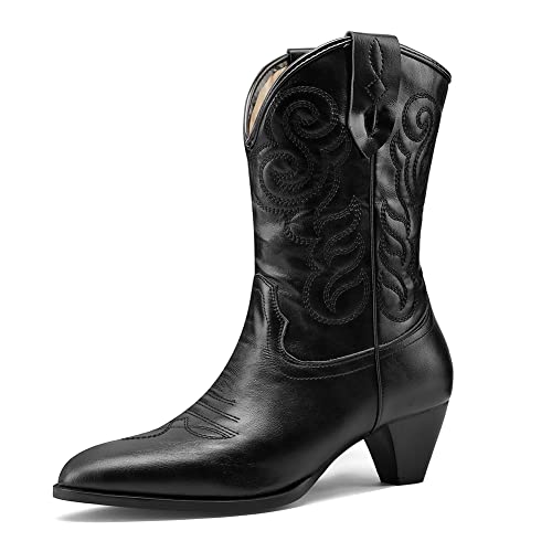 Image of Womens Embroidered Cowgirl Boots Pull On Cowboy Boots for Women Floral Low Chunky Heel Western Boots