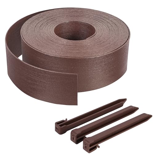 VOUNOT® Borde Jardín Césped Borde, Bordillo Escondido Flexible de PE Aspecto Natural, Longitud 20 m Altura 8 cm Espesor 3 mm con 12 Estacas de Anclaje, Marrón