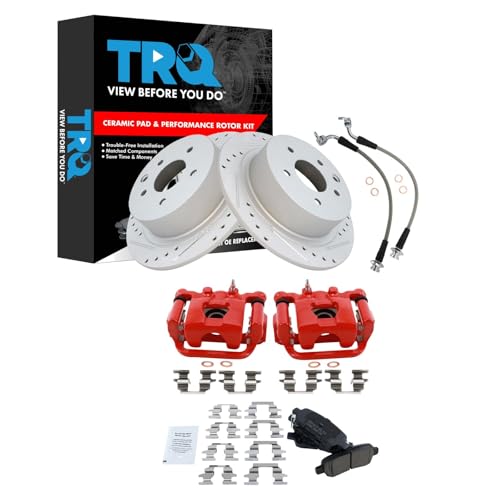 Image of TRQ Performance Rear Brake Pad and Rotor Set Ceramic Slotted Drilled Coated