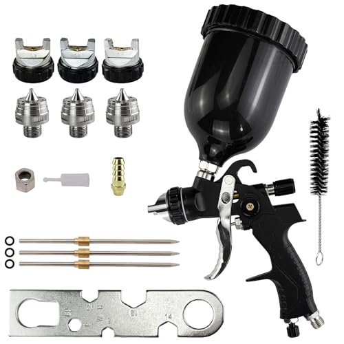 7Akiranoai HVLPスプレーガン 家庭用塗装ガン 供給エアスプレーガン3ノズル1.3 / 1.5 / 1.8mm付き 500ミリリット重力空気圧エアスプレーガン 高塗着効率 掃除ブラシ付き DIY塗装 車のペイント修理 家具塗装 ホームリフォームに