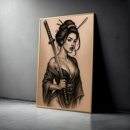 Toile portrait de guerrière samouraï encre monochrome décoration 70x100cm