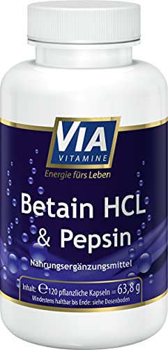 Betain HCL + Pepsin 120 vegane Kapseln, 1700mg Betain HCL, hochdosiert, in Deutschland hergestellt