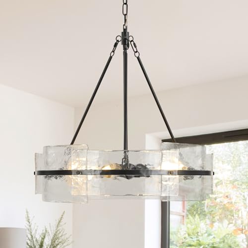 Black Farmhouse Drum Chandelier, 22" Glass Pendant Light