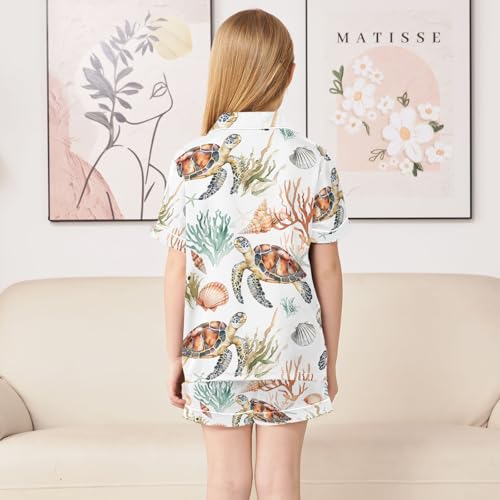 ALAZA Retro Coral Reef Sea Turtle White Pajamas Satin Pajama Set Short Sleeve Button Down Sleepwear4