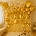 Kit Feliz Aniversário Dourado 83 Itens – Balões Coração, Estrela, Confete, Letreiro Metalizado, Cortinas Holográficas 2m e Balões Látex 10" Pronto para Decorar Festa Adulto ou Infantil