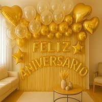 Kit Feliz Aniversário Dourado 83 Itens – Balões Coração, Estrela, Confete, Letreiro Metalizado, Cortinas Holográficas 2m e Balões Látex 10" Pronto para Decorar Festa Adulto ou Infantil