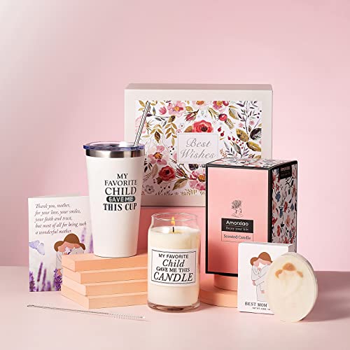 Cesto Regali per la Festa della Mamma, Compleanno, Suocera, Neomamma- Tazza da Viaggio, Candela Profumata, Sapone, Biglietto di Auguri