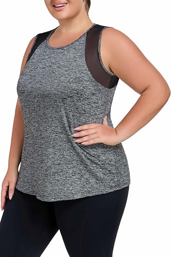 Plus Size Workout Tank Tops for Women with Mesh, XL-5XL Long Yoga Sleeveless Shirts Loose Fit, Athletic Tunics Top