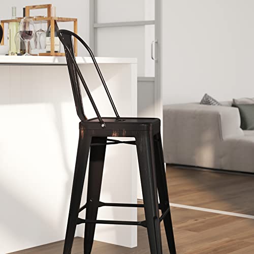 Merrick Lane Dothan Series Black-Antique Gold 30" High Metal Bar Height Stool With Removable Back For Indoor-Outdoor Use #TOP2