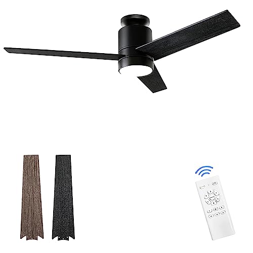 Ceiling Fans with Lights Flush Mount, 52 Inch Modern Black Ceiling Fan with Light and Remote Control - 3 Wood Blades LED Ceiling Fan Low Profile Ceiling Fan Light, 6 Speeds, Noiseless and Timing