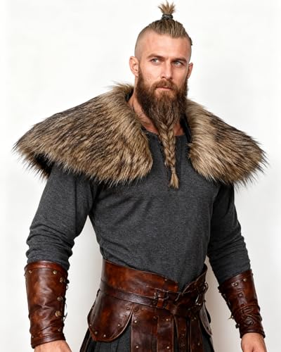 keland Viking Kunstfell Kragen Schulterfell Mittelalter Fellumhang Fell Schulterüberwurf Wikinger Kostüm Herren (Braun)