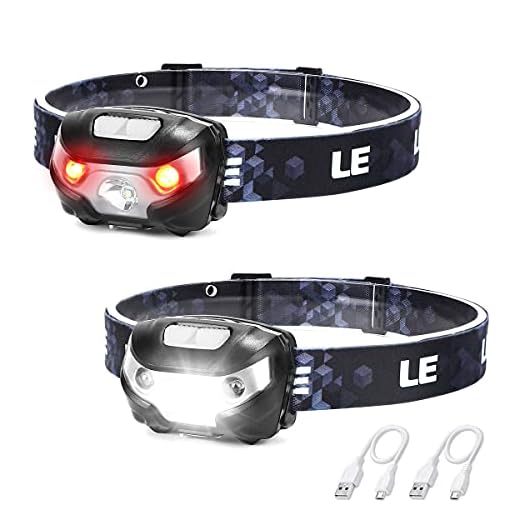 LE Linterna Frontal LED USB Recargable, Linterna Cabeza 5 Modos de Luz (Blanco y Rojo), Impermeable IPX4, Frontal LED Recargable para Pesca, Ciclismo, Running, Correr, Deporte Nocturno, pack de 2