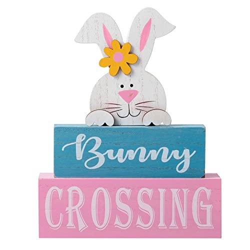 Hogardeck Easter Decorations For The Home, Hogardeck Rustic Bunny Crossing Wood Sign Three-Layer Wooden Block Signs Table Centerpiece Farmhouse Easter Bunny Decor For Mantle Tabletop Tiered Tray Party cover