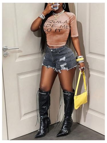Image of RoseSeek Women's Sheer Mesh Letter Graphic Tees Short Sleeve Crew Neck Y2K Vintage Summer Going Out Crop Tops