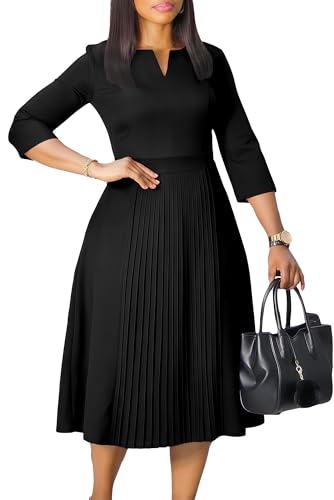 Elegant Church Dresses for Women 2025 3/4 Sleeve Vintage Ruffle A-line Pleated Dress V Neck Business Casual Work Outfits2