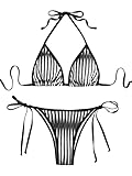 SweatyRocks Women's 2 Piece Triangle Bathing Suit Halter Top Tie Side Thong Bikini Swimsuits Black White Stripe L
