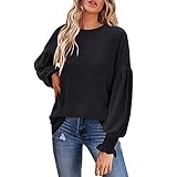 Damen-Langarm-Top mit Rundhalsausschnitt, Rüschen, Langarm, lässig, lockere Blusen-T-Shirts Hosenanzug Damen Brautmutter (Black, L)