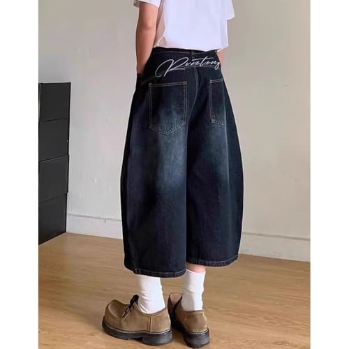 Retro deep Blue Embroidered Curved Knife Denim Multifunctional Wide Leg Cropped Pants Suitable Men Women Summer4
