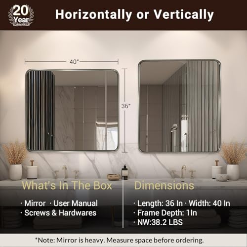 Image of ANDY STAR 40x36 Inch Brushed Nickel Bathroom Mirror, Rounded Rectangle Bathroom Vanity Mirrors for Wall, Anti-Rust SUS304, Seamless Tube Metal Frame, 1'' Deep Wall Mounted Vertically /Horizontal