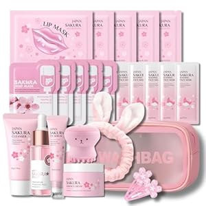 Umfangreiches 24pcs Sakura Skincare Set Geschenk für Frauen – Feuchtigkeitsspendendes Set mit Gesichtsmaske, Serum, Creme, Reinigungsbürste & Haarband – Geschenkset Frauen Geburtstag Pflege Routine