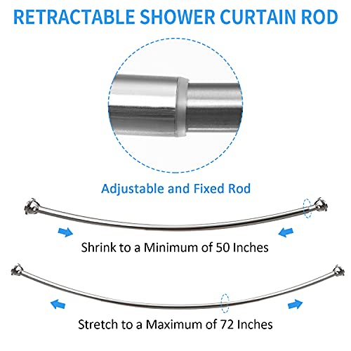TENOVEL Adjustable Curved Shower Curtain Rod, 50-72 Inches Shower Curtain Rods for Bathroom, Expandable Stainless Steel Shower Curtain Bar Telescoping Design Customized for Bath, Brushed Nickel