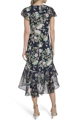 Image of Tommy Hilfiger Women's Flutter Sleeve V-Neck Ruffle Trim Hi-Lo Midi Dress
